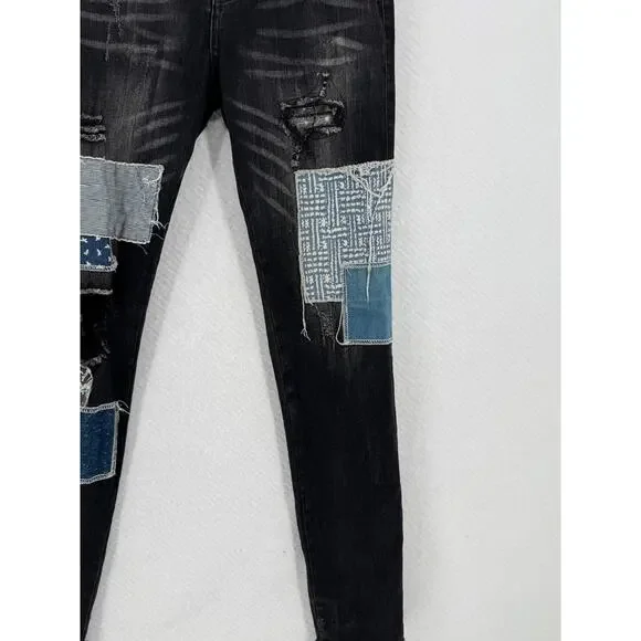 AMIRI Mens Black Denim Distressed Y2K Patchwork Skinny Jeans Sz 32